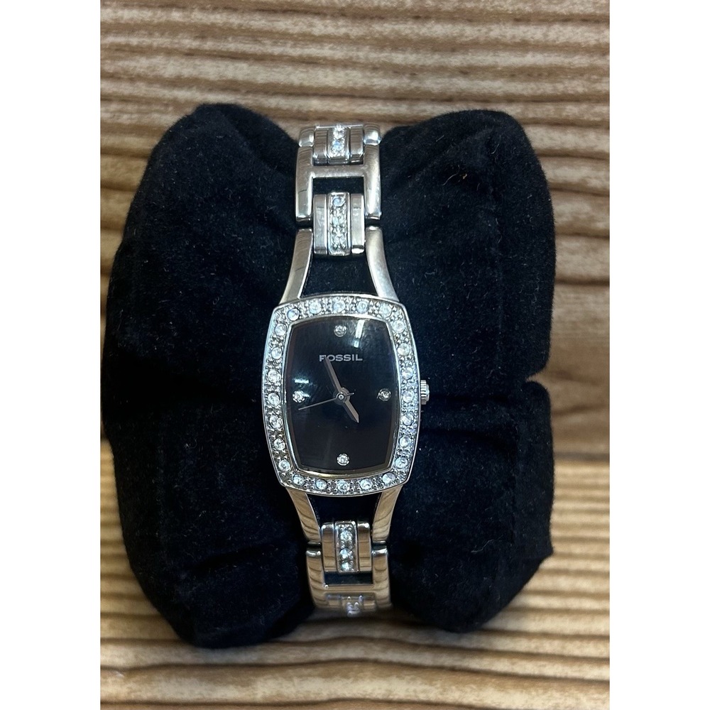 FOSSIL F2 ES-1169 110509 Watch Rhinestone Square Black‎ Face Silver Tone Ladies